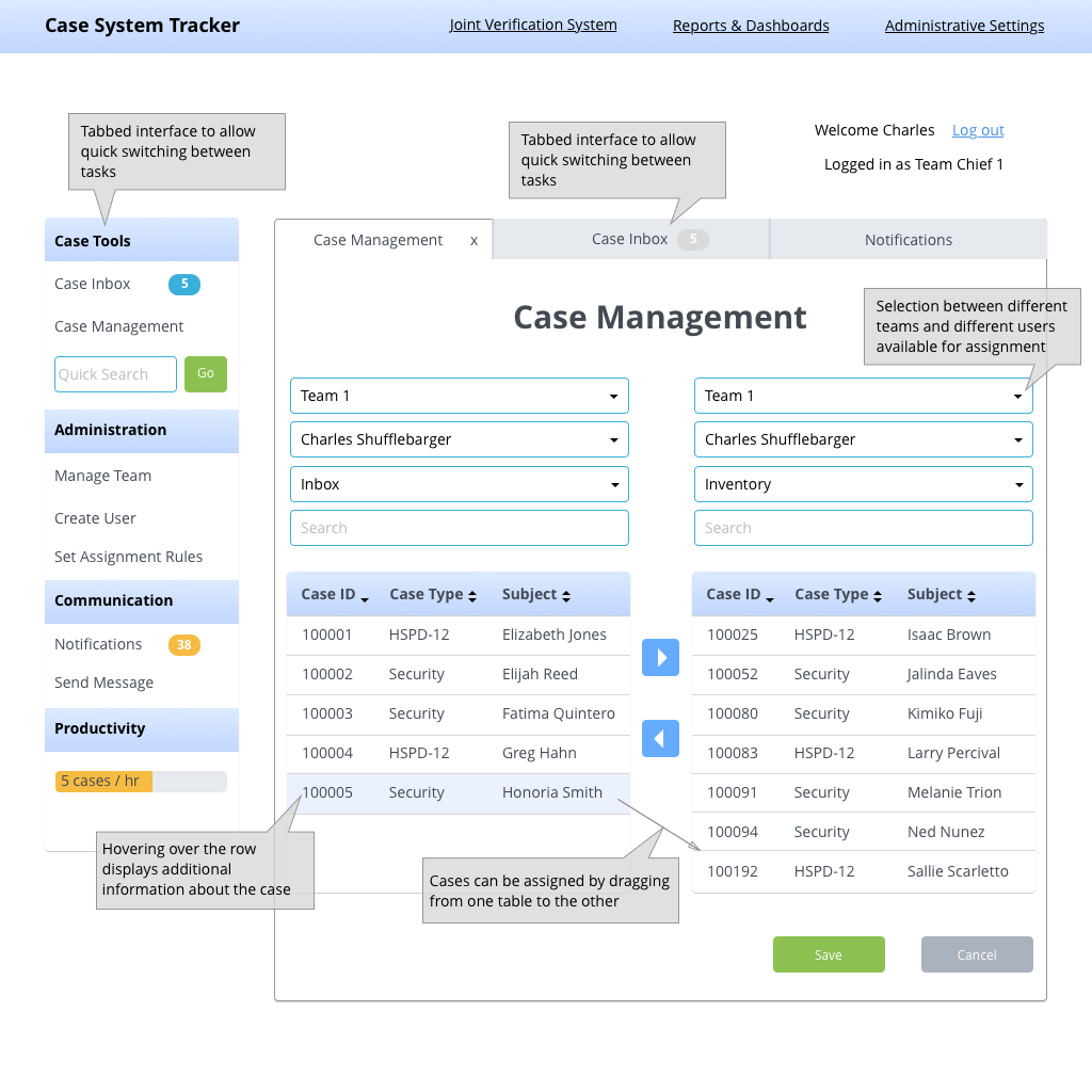 Mockup of a case management application