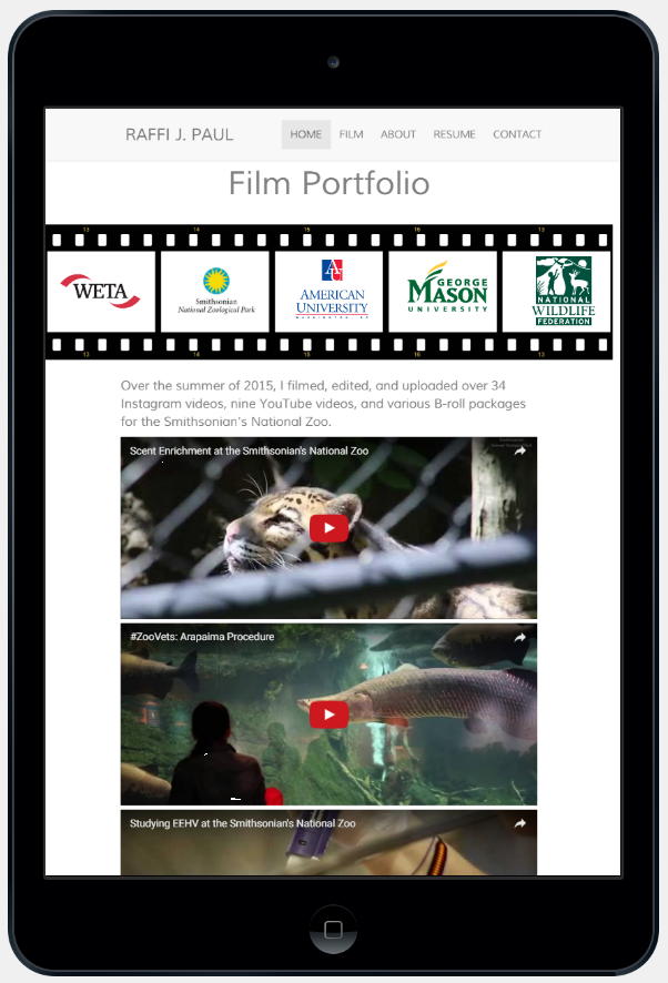 Film portfolio page on a tablet