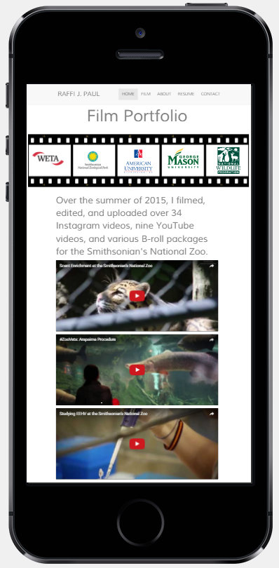 Film portfolio page on a mobile phone