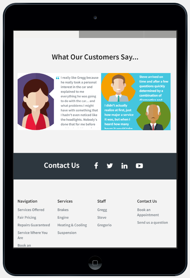 Repair website testimonials on a tablet