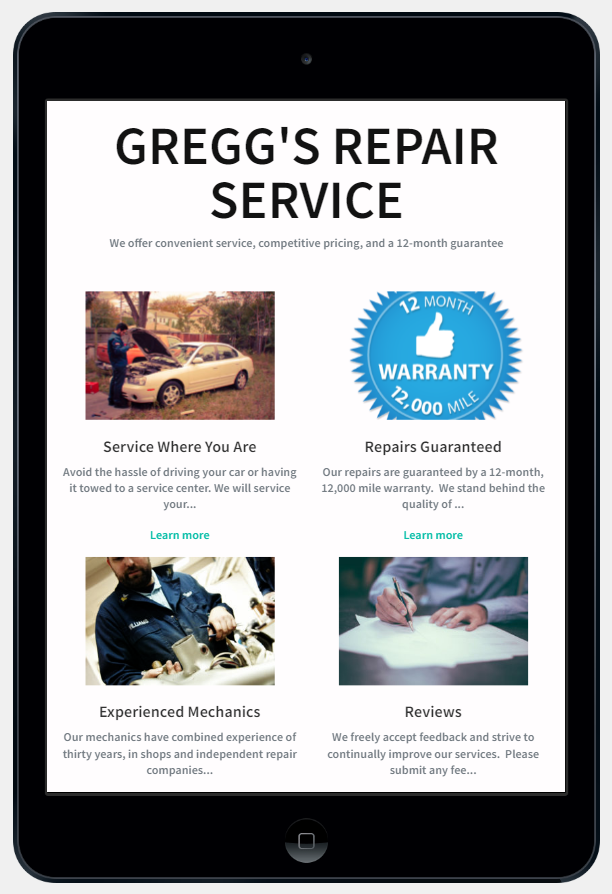 Repair website homepage on a tablet